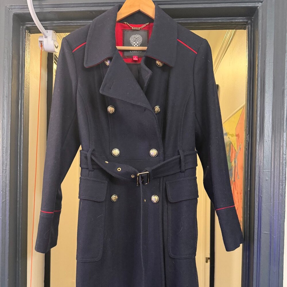 Vince Camuto Coat W Size Medium Navy And Red Double Breasted Wool Pocket Belted